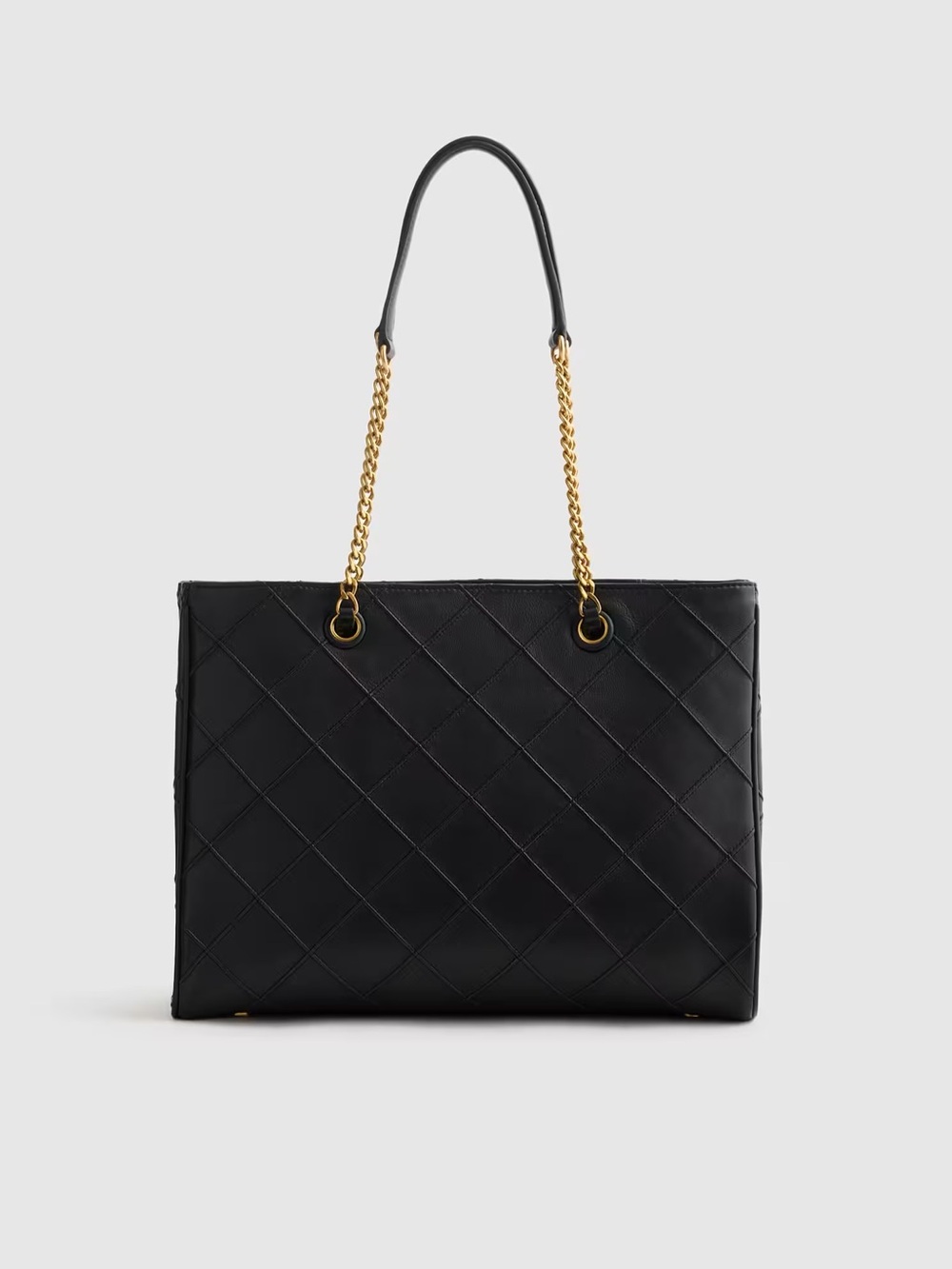 Quince Italian Leather Diamond Stitch Tote Quilted Black Gold Chain Shoulder Bag